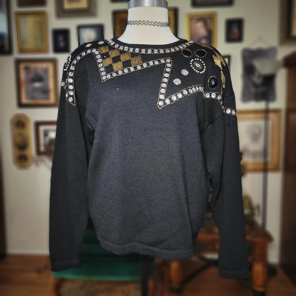 Cervelle Wool Sweater Vintage 80s Beaded Embellished Black Knit Top Large‎ 6470C